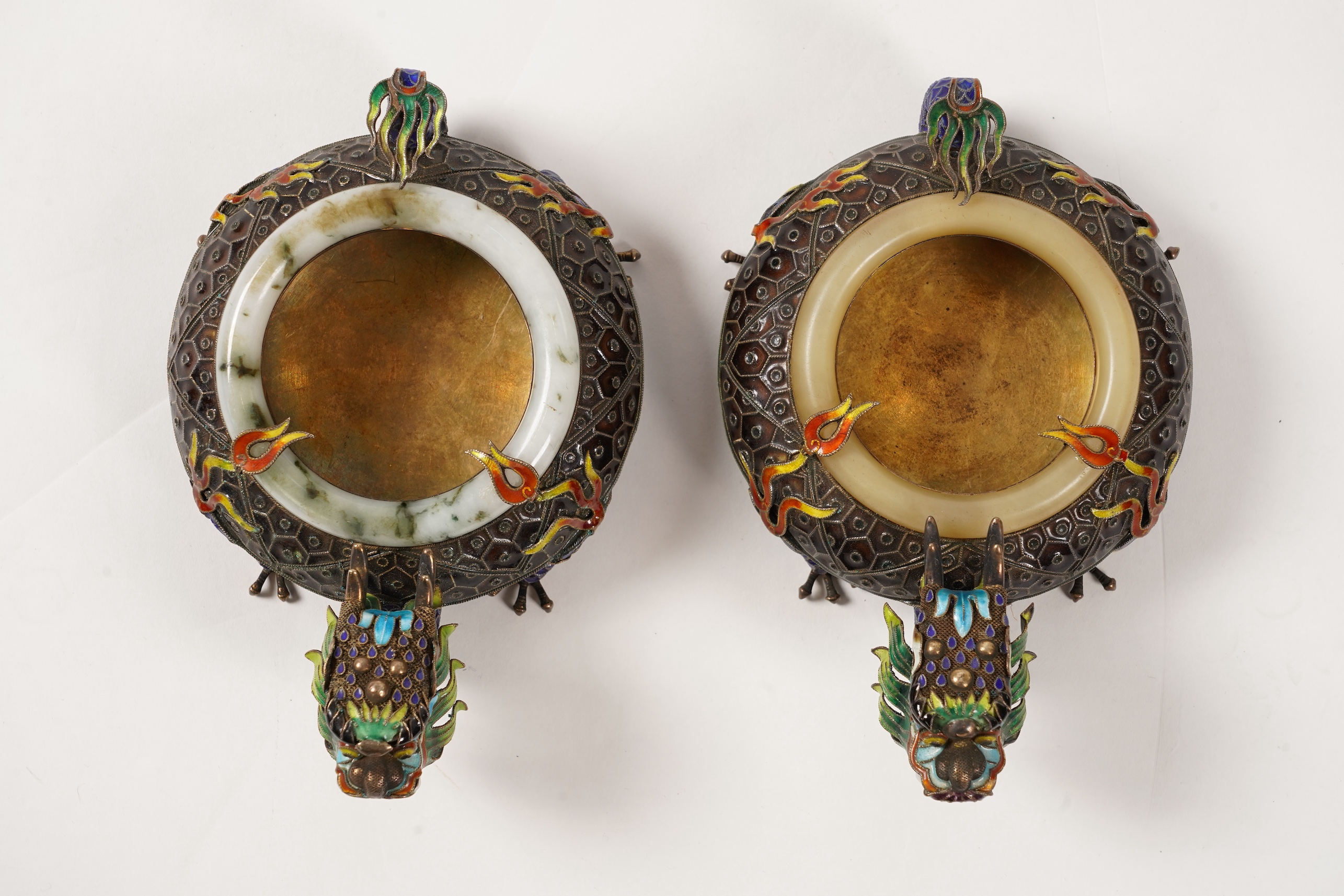 A pair of Chinese silver-gilt and enamel ’dragon’ bowls, 20th century